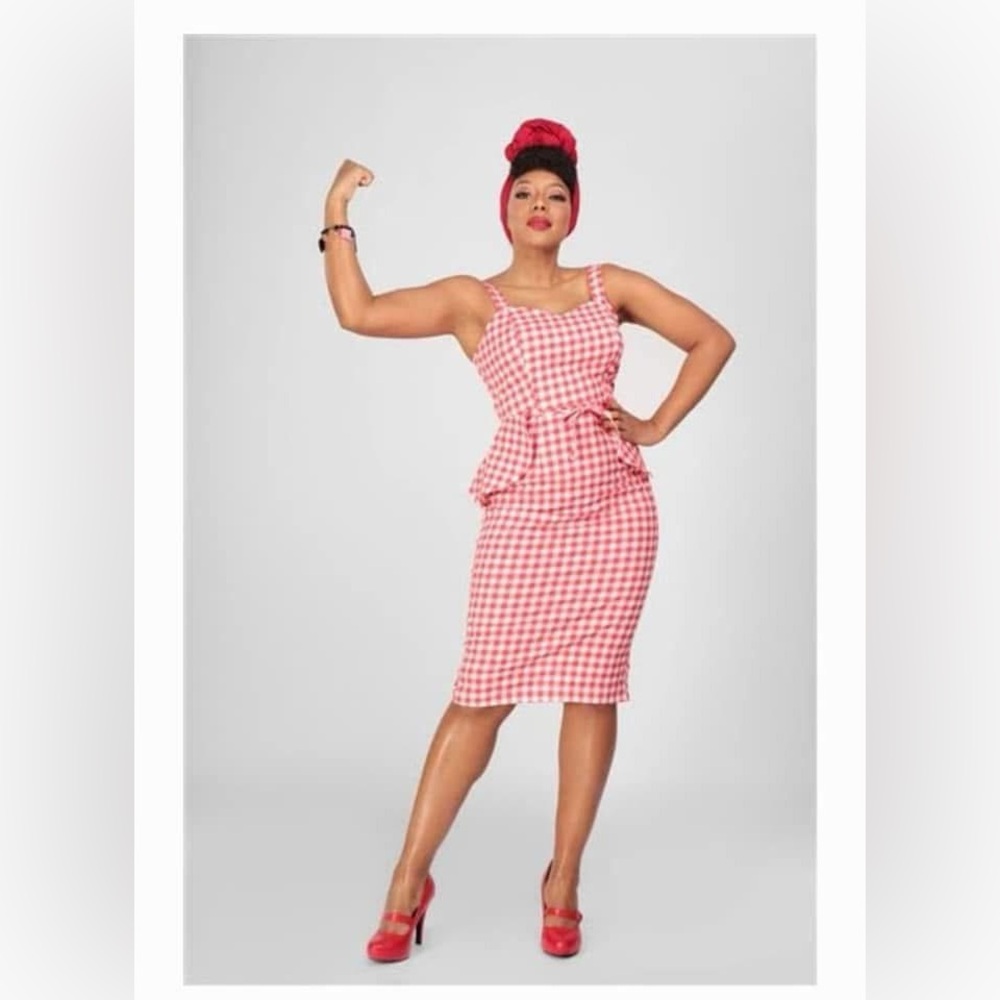 Collectif Lila Red Gingham Pinup Peplum Pencil Dress